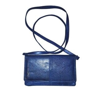 3Passages Blue Leather Crossbody Wallet W/ Long Removable Strap Magnetic Snap